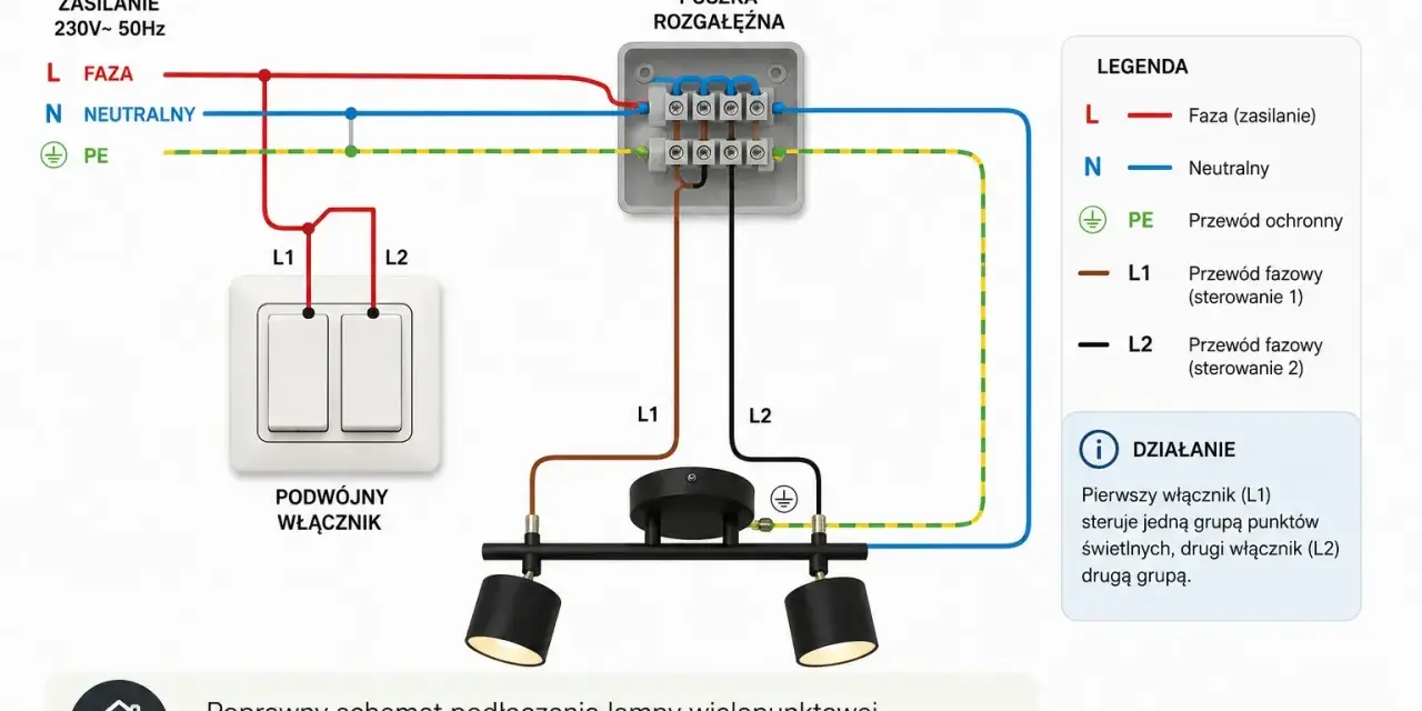 Schemat podłączenia lampy na podwójny włącznik. Pokazuje, jak podłączyć żyrandol, rozdzielając zasilanie na dwa obwody.