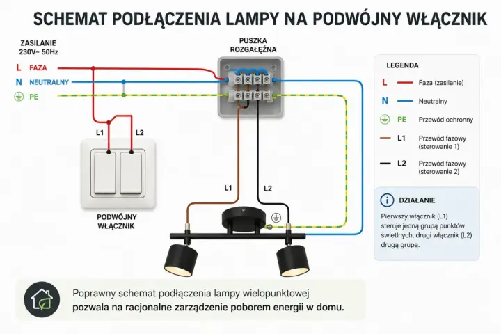 Schemat podłączenia lampy na podwójny włącznik. Pokazuje, jak podłączyć żyrandol, rozdzielając zasilanie na dwa obwody.