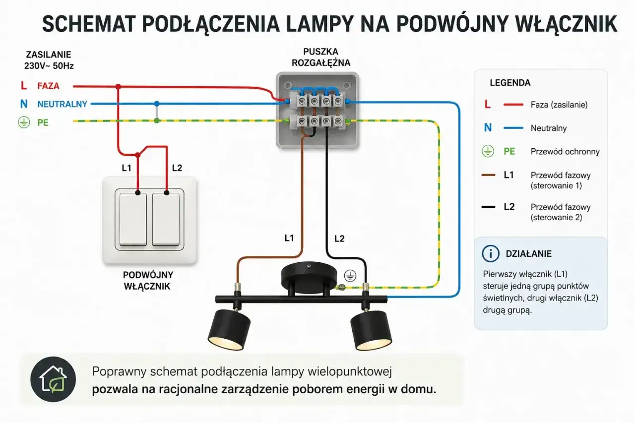 Schemat podłączenia lampy na podwójny włącznik. Pokazuje jak podłączyć żyrandol, rozdzielając zasilanie na dwa obwody.