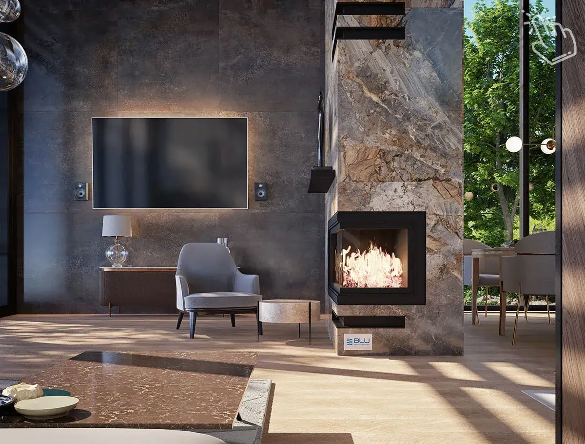 Nowoczesny salon z kominkiem obudowanym kamieniem. Ciepło ognia i elegancki design tworzą przytulną atmosferę.